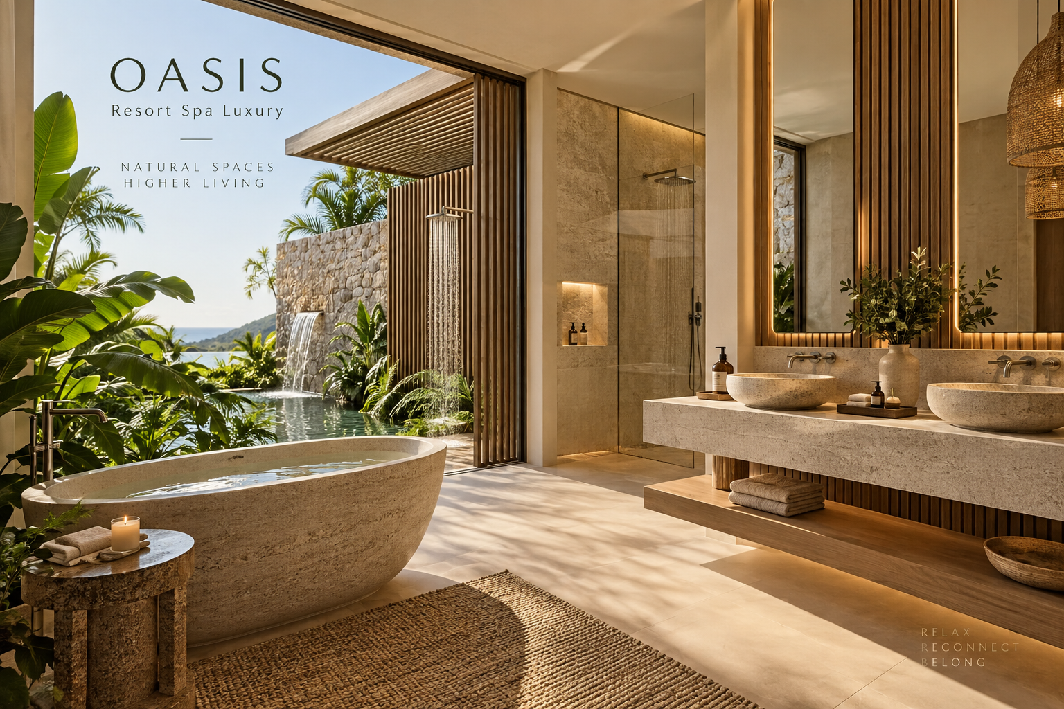 OASIS resort spa bathroom with freestanding tub and tropical garden view