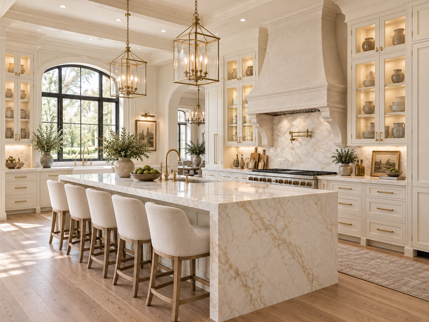 ÉLITE kitchen with lit glass-front cabinets and arched window