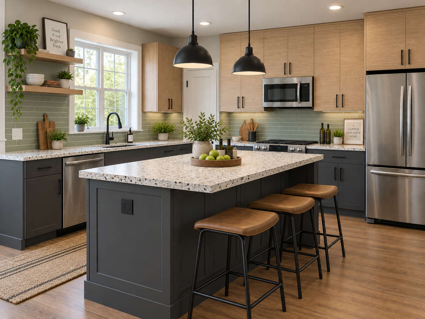 Modern kitchen remodel with charcoal cabinetry and terrazzo counters