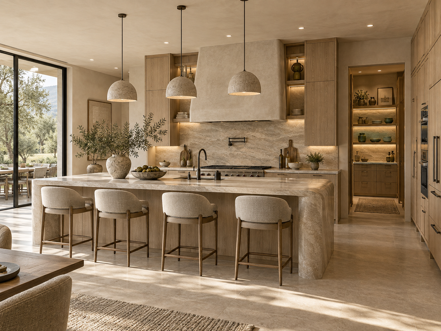 TERRA kitchen with beige stone island, oak cabinets, and walk-in pantry