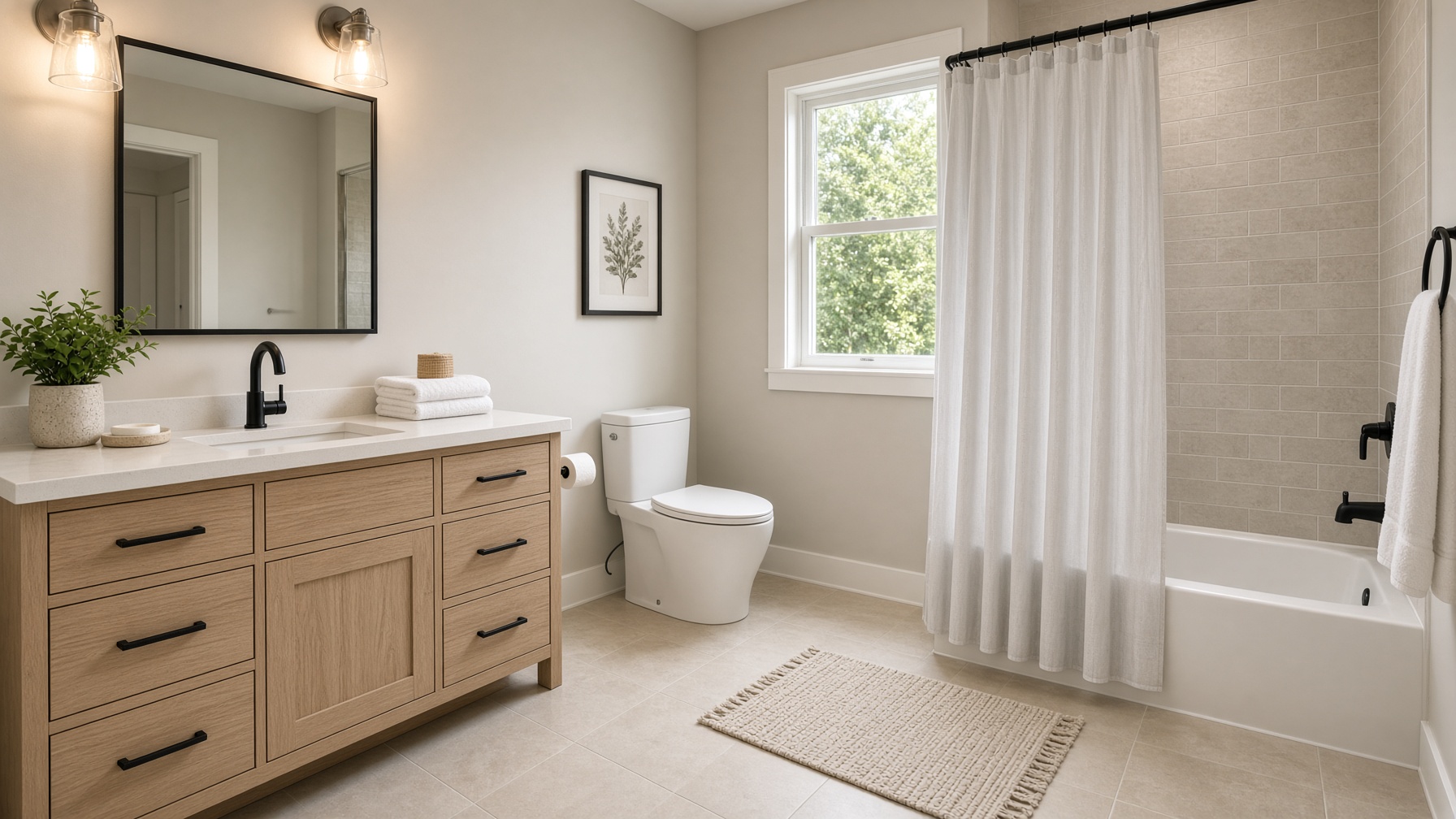 Small bathroom with wide oak vanity, beige tile tub surround, and garden window