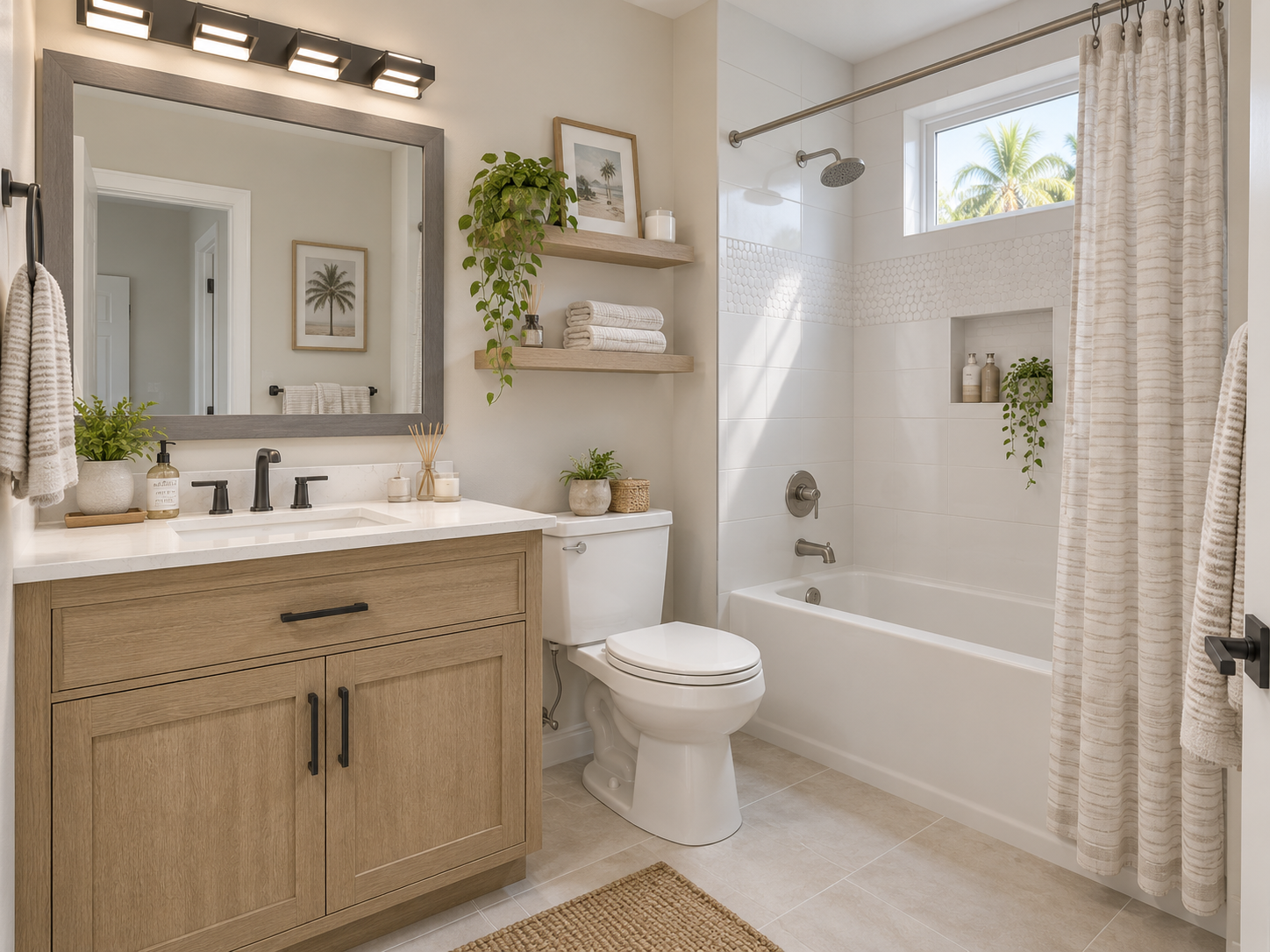 Small bathroom with oak vanity, white tub, and hex tile niche