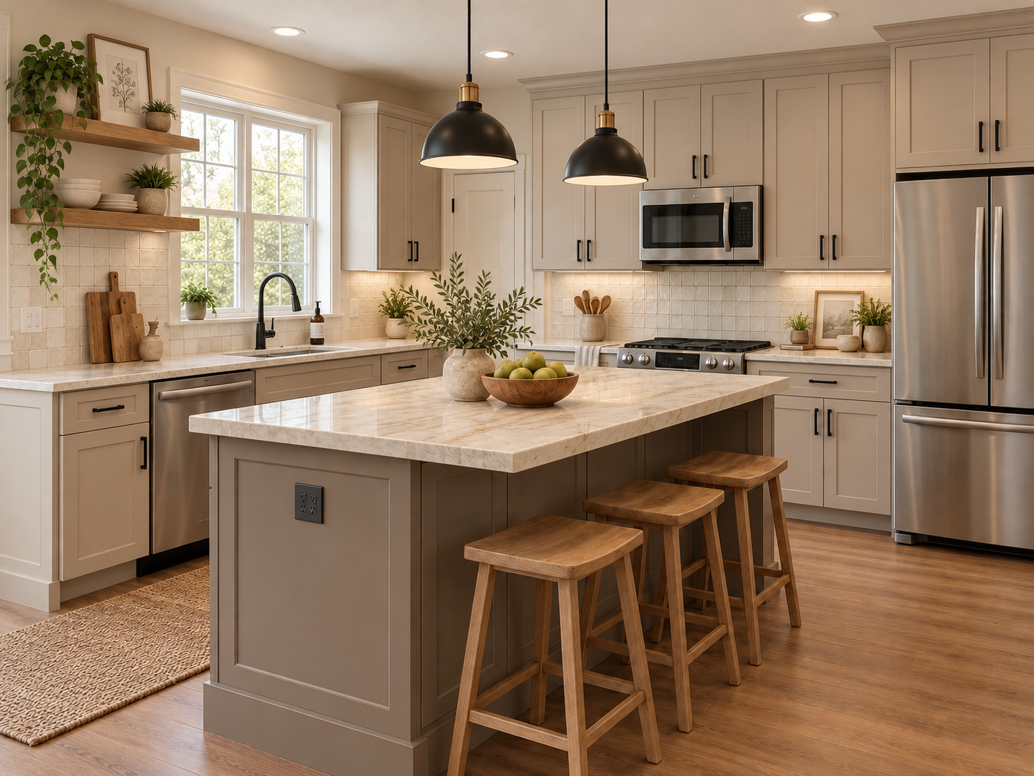 Greige kitchen remodel with marble island and black pendants