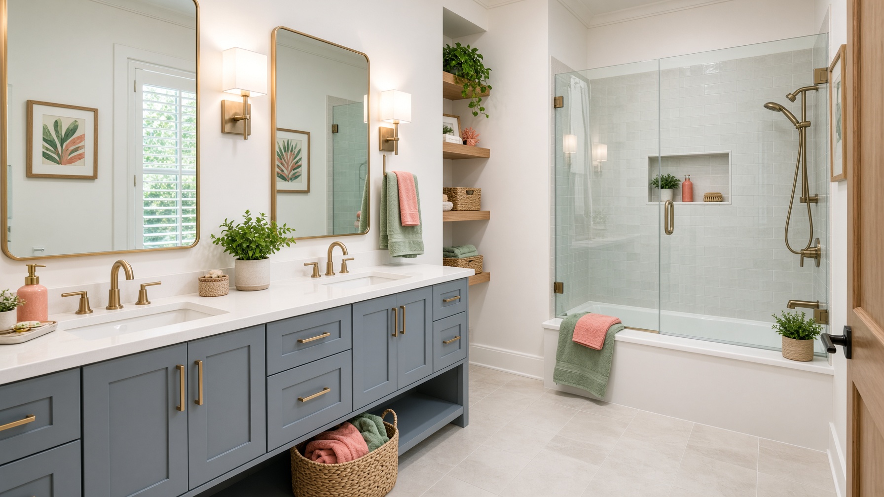 Coastal bathroom with blue-gray double vanity, coral accents, and glass shower