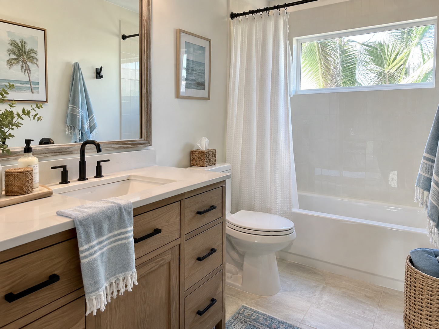 Small bathroom with oak vanity, black fixtures, and white waffle shower curtain