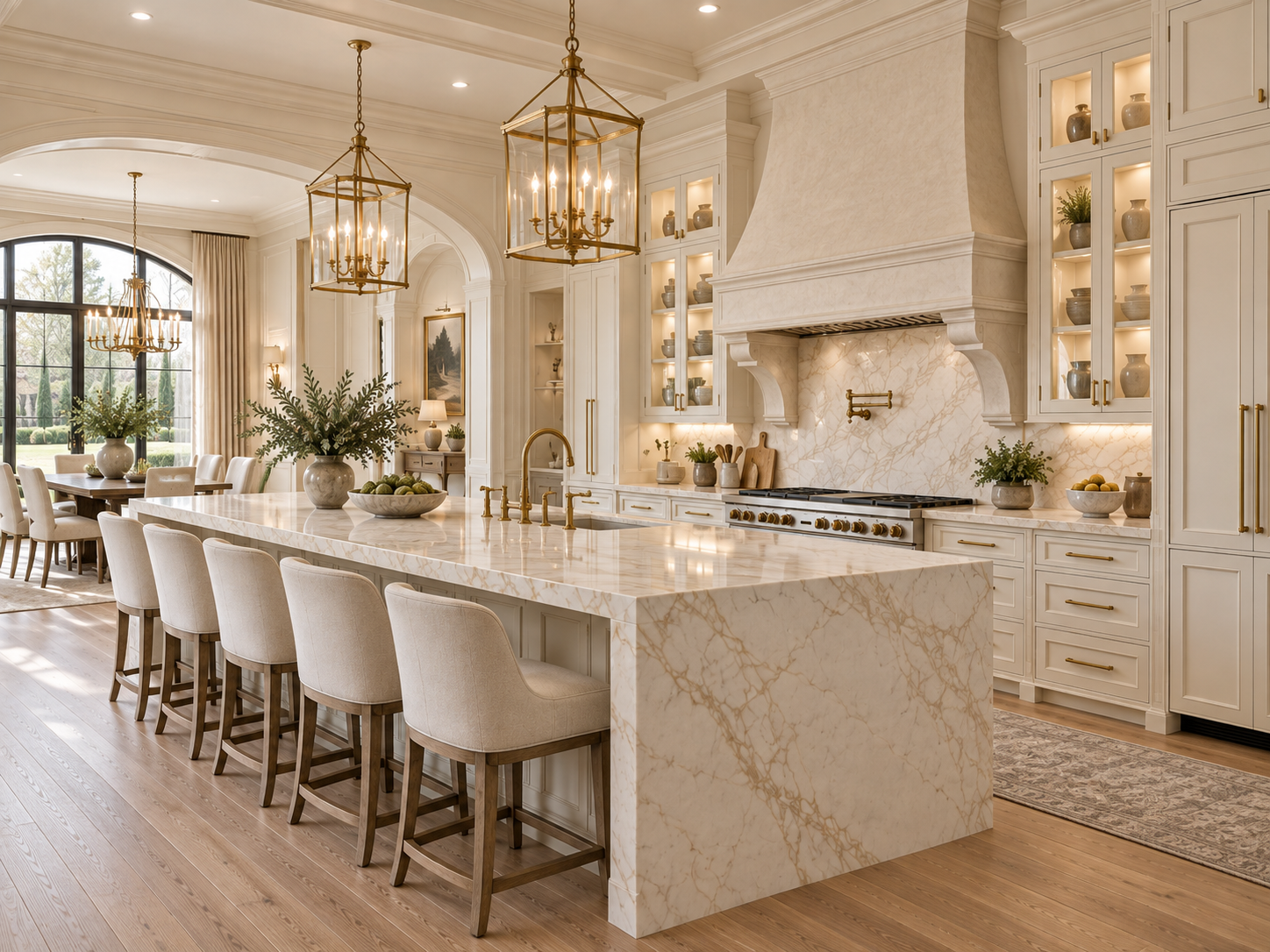 ÉLITE kitchen with archway to the dining room and gold hardware