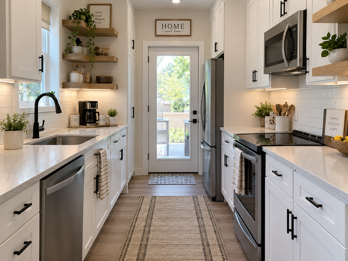 Bright white galley kitchen remodel with open wood shelving and black hardware
