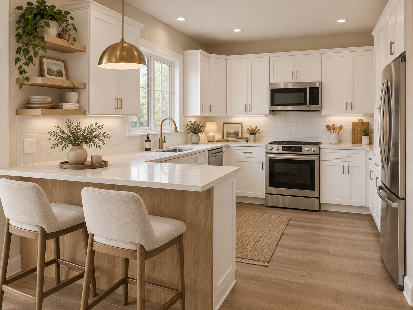 White kitchen remodel with marble counters, gold fixtures, and wood bar seating