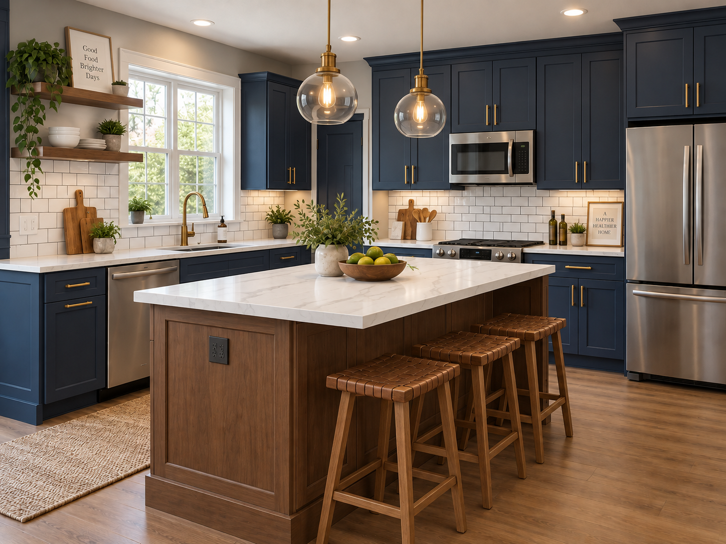 Navy kitchen remodel with walnut island and subway tile