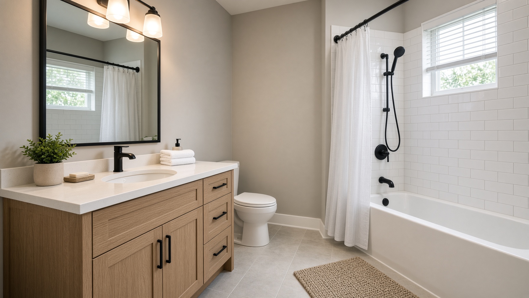 Small bathroom with oak vanity, black fixtures, and white subway tile tub surround