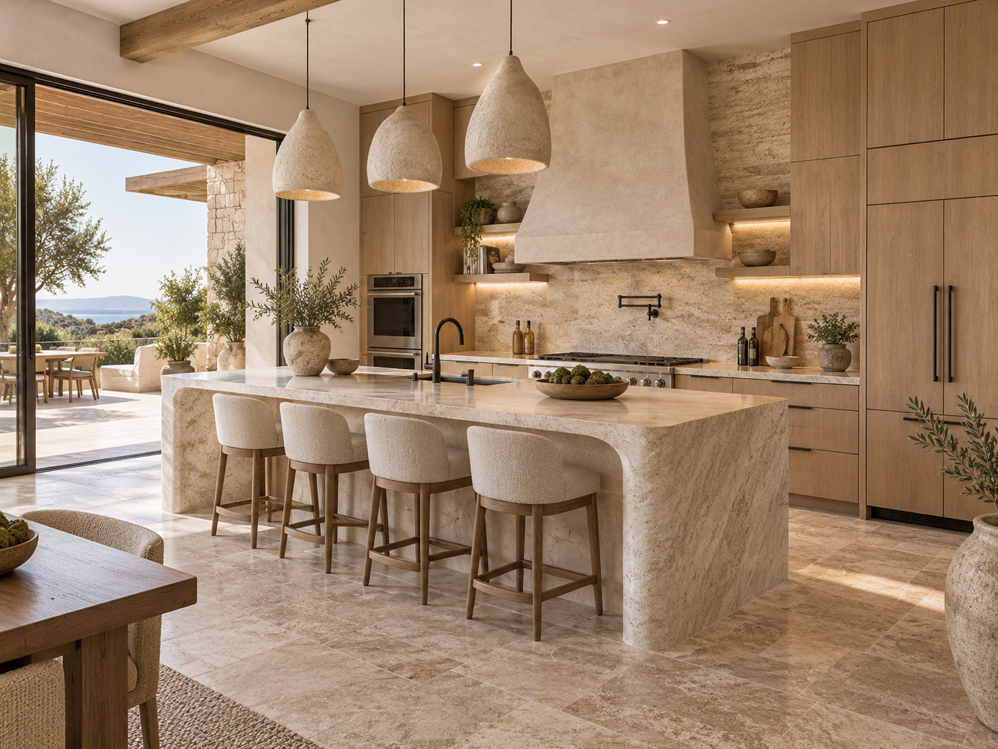 TERRA kitchen with veined stone island and views to a Mediterranean patio