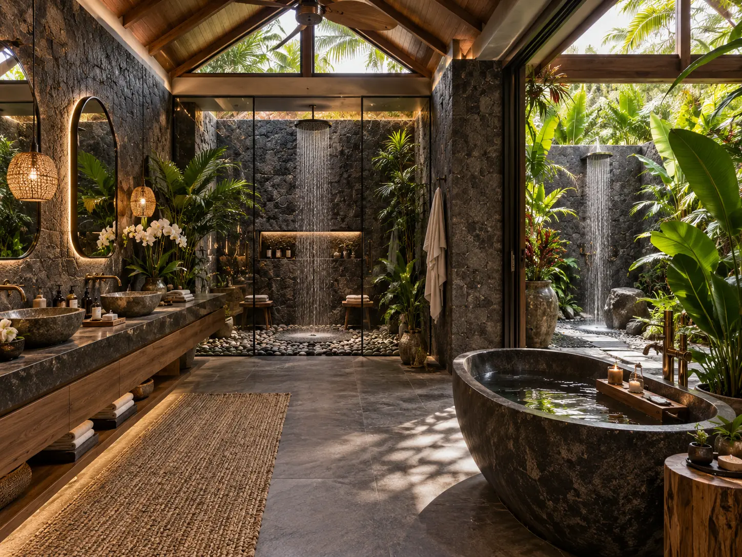 OASIS bathroom in dark stone with rain shower, tropical plants, and stone soaking tub