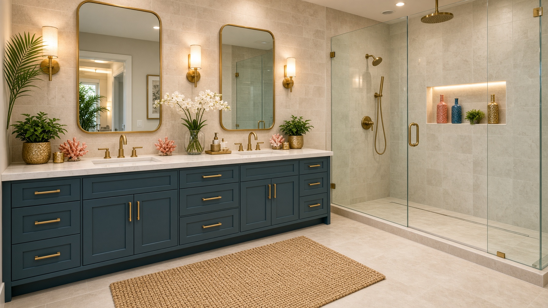 Modern bathroom with dark blue vanity, double mirrors, and glass shower