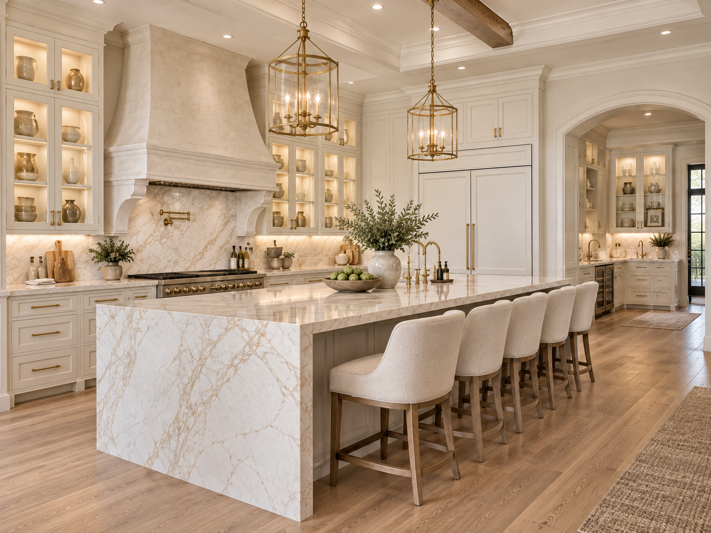 ÉLITE kitchen with butler's pantry archway and warm wood beams