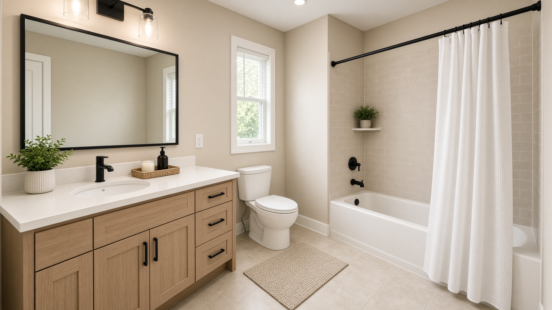 Small bathroom with oak vanity, beige walls, and tub with white curtain and shelf