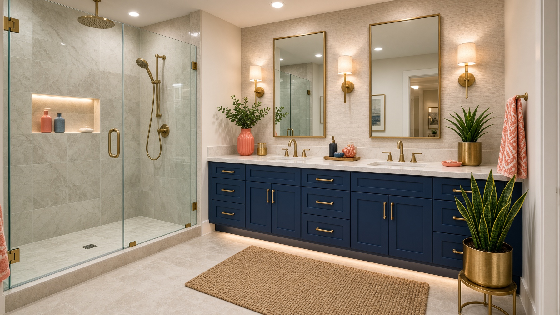 Modern bathroom with navy vanity, brass fixtures, and walk-in shower