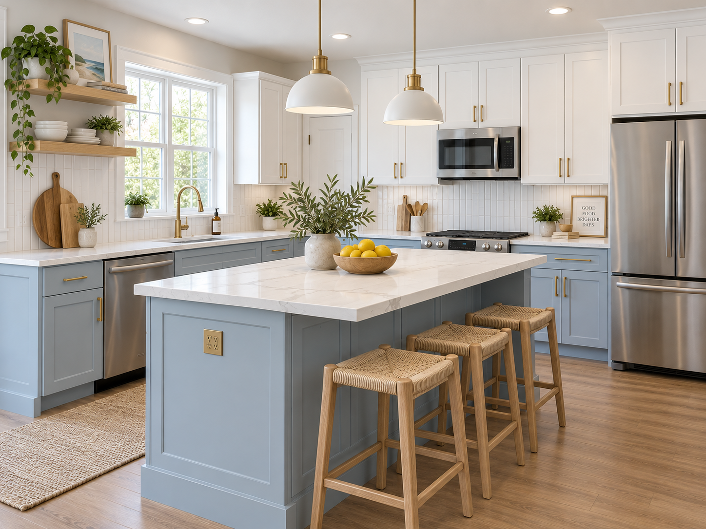 Renovated kitchen with light blue island, marble counters, and brass fixtures by JOEH Construction Group