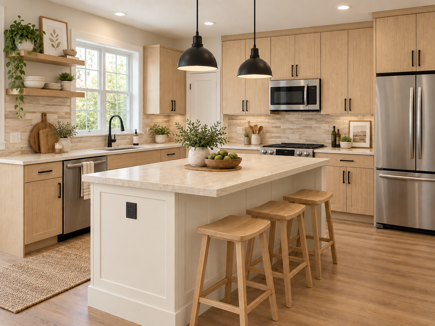 Light oak kitchen remodel with cream island and stone counters