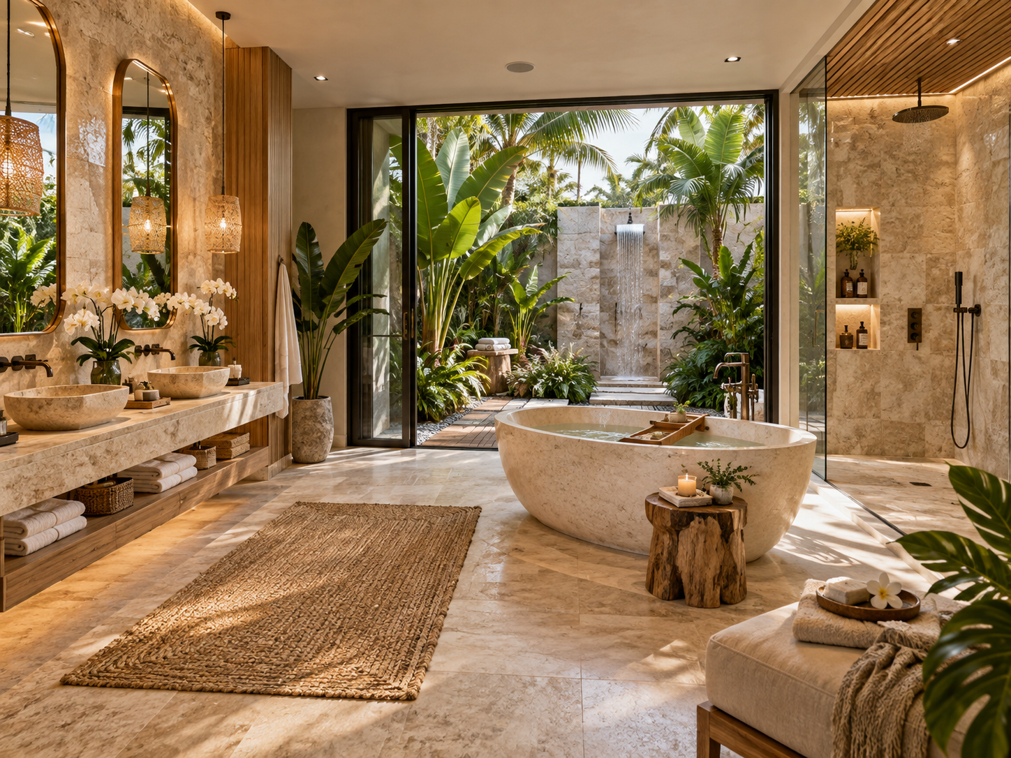 OASIS bathroom with stone tub, double vanity, and garden waterfall