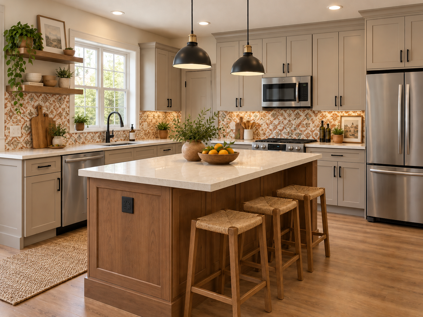 Greige kitchen remodel with patterned tile backsplash