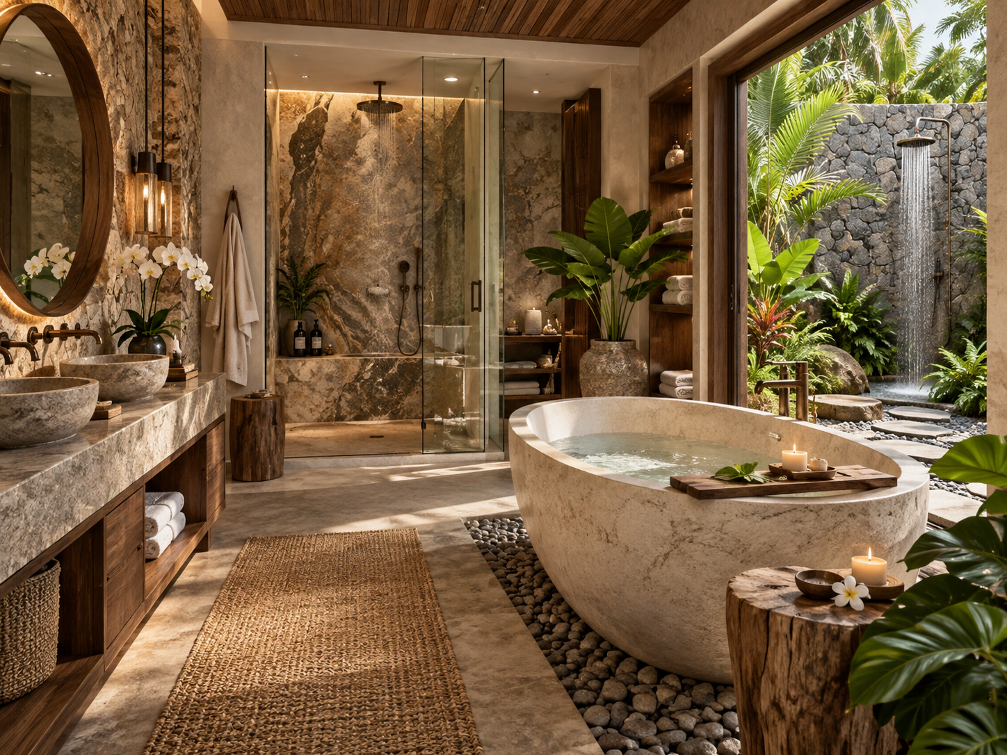 OASIS bathroom with marble shower, stone tub surrounded by pebbles, and garden rainfall shower