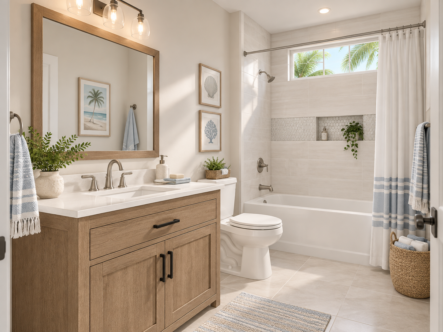 Small bathroom with oak vanity, tub with window over palm trees, and striped curtain