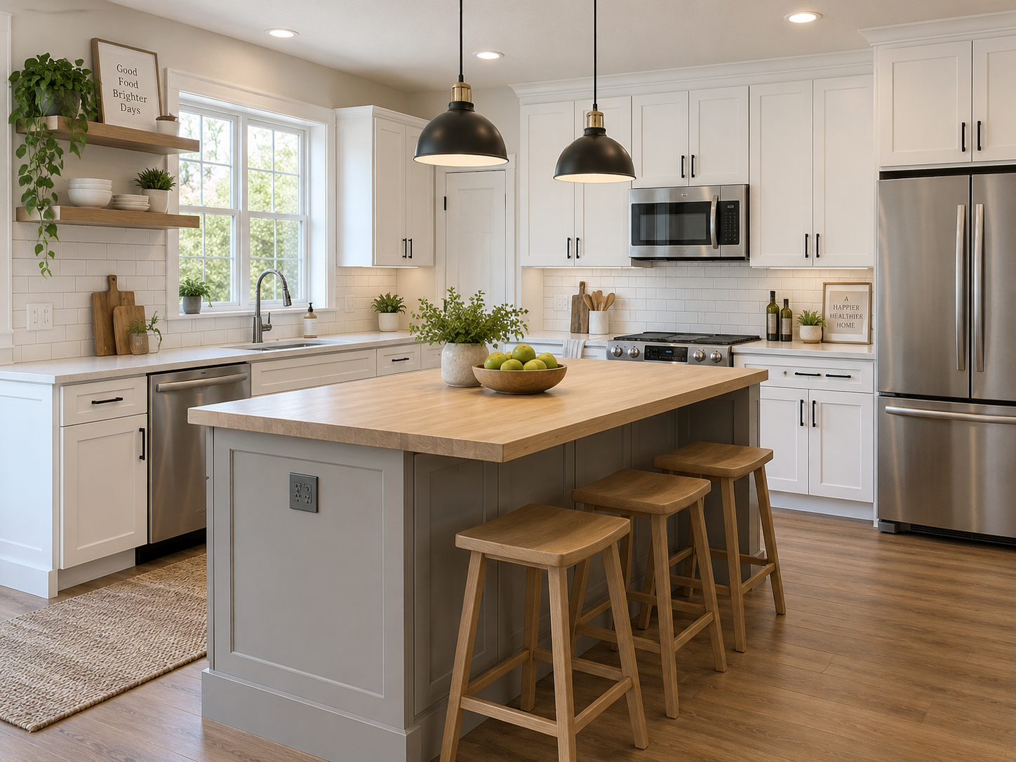White kitchen remodel with gray island, butcher block top, and black pendants
