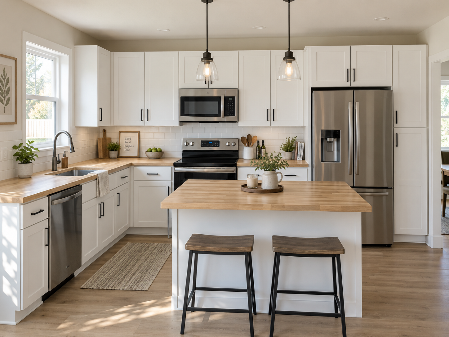 Classic white kitchen remodel with butcher block counters and island seating