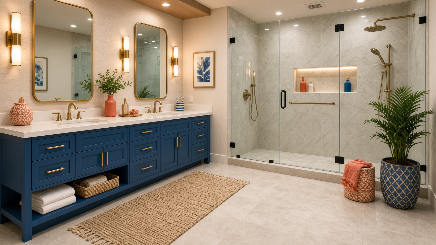 Modern bathroom with blue vanity, jute rug, and large glass shower