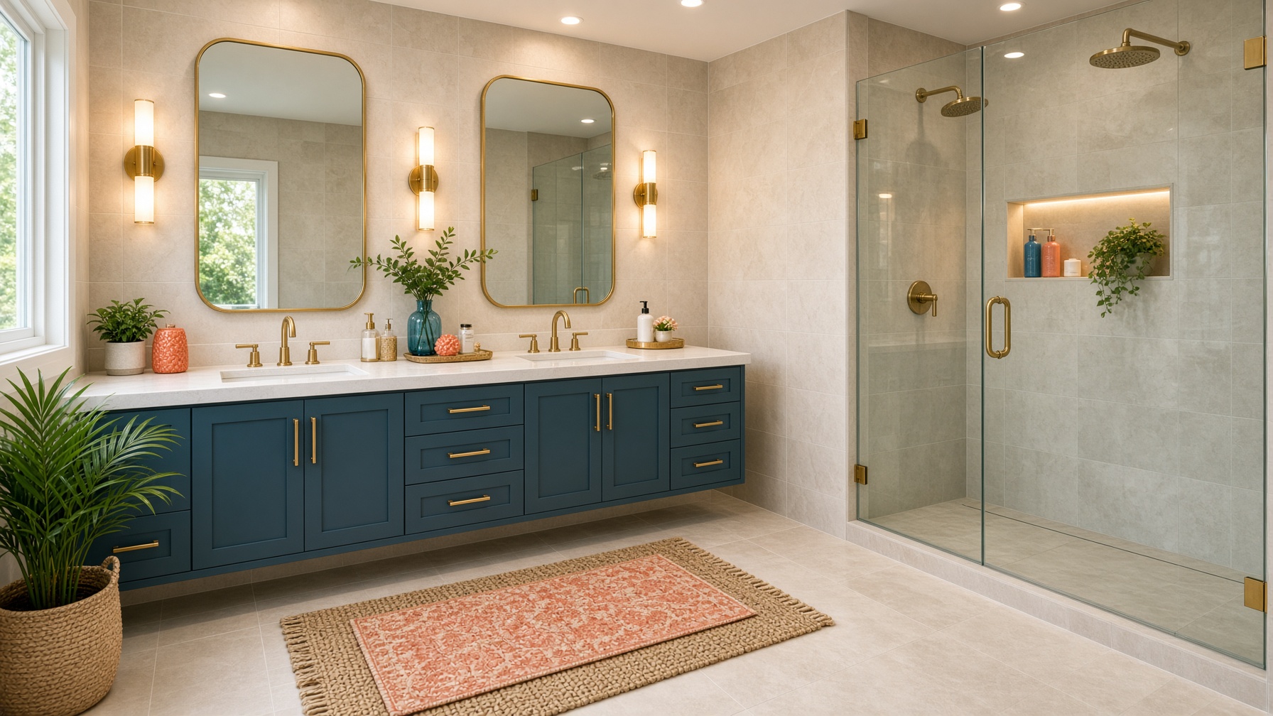 Modern bathroom with teal floating vanity and brass sconces