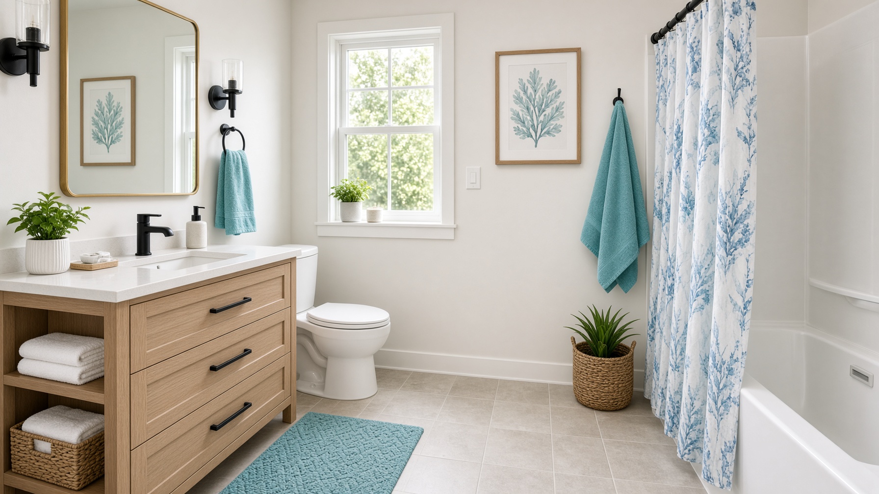 Small bathroom with oak vanity, open towel shelving, teal towels, and botanical shower curtain