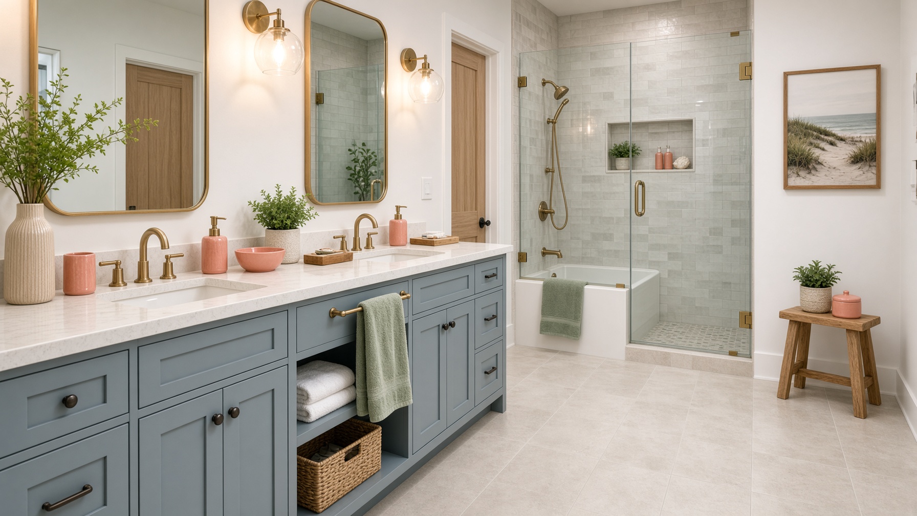 Coastal bathroom with blue vanity, walk-in shower, and beach artwork