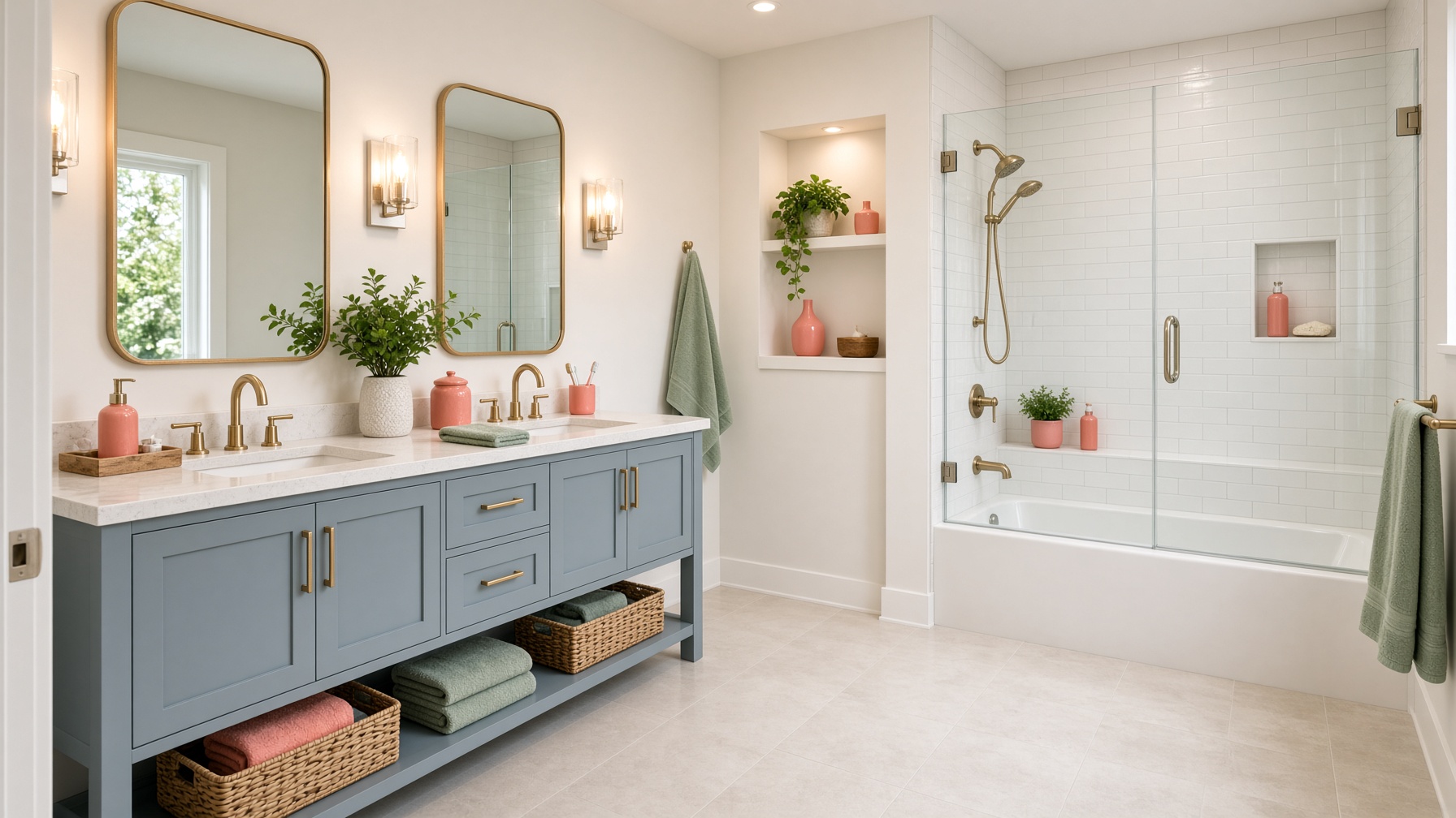 Coastal bathroom with blue-gray vanity, brass fixtures, and coral accents
