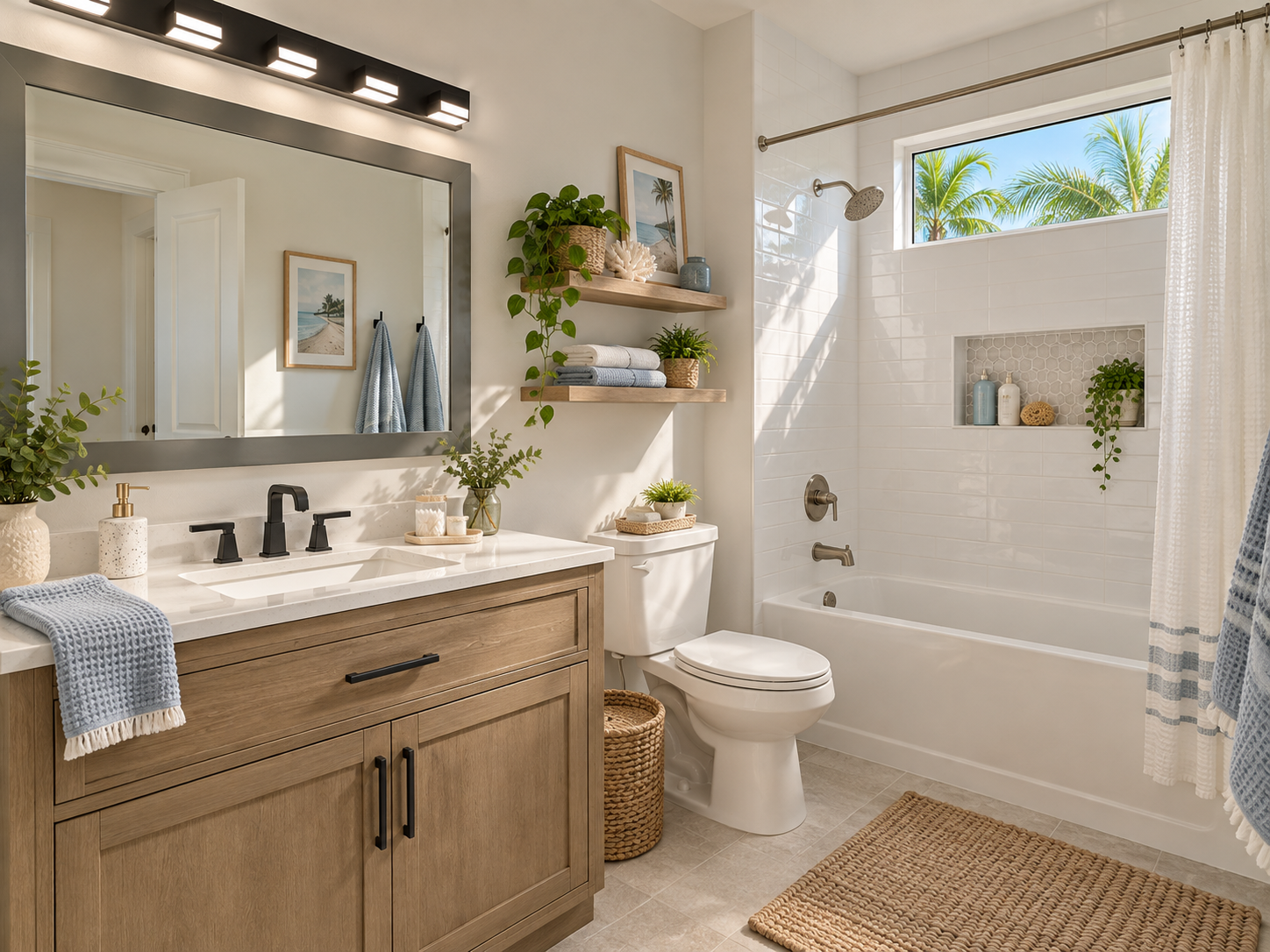 Small bathroom with oak vanity, tub with window over palm trees, and blue towels