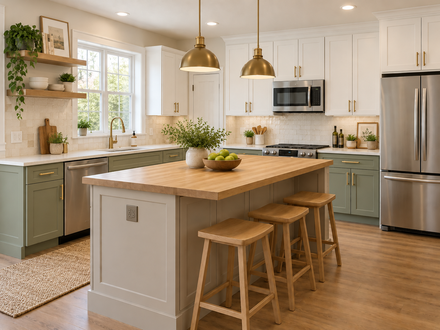 Sage green kitchen remodel with brass hardware and butcher block island