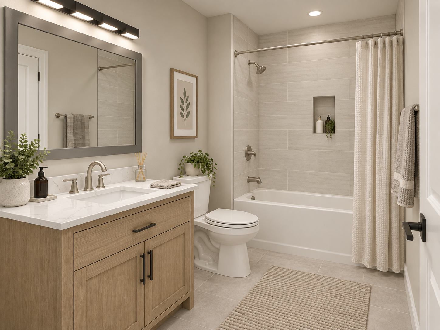 Small bathroom with oak vanity, beige tile tub surround, and botanical artwork
