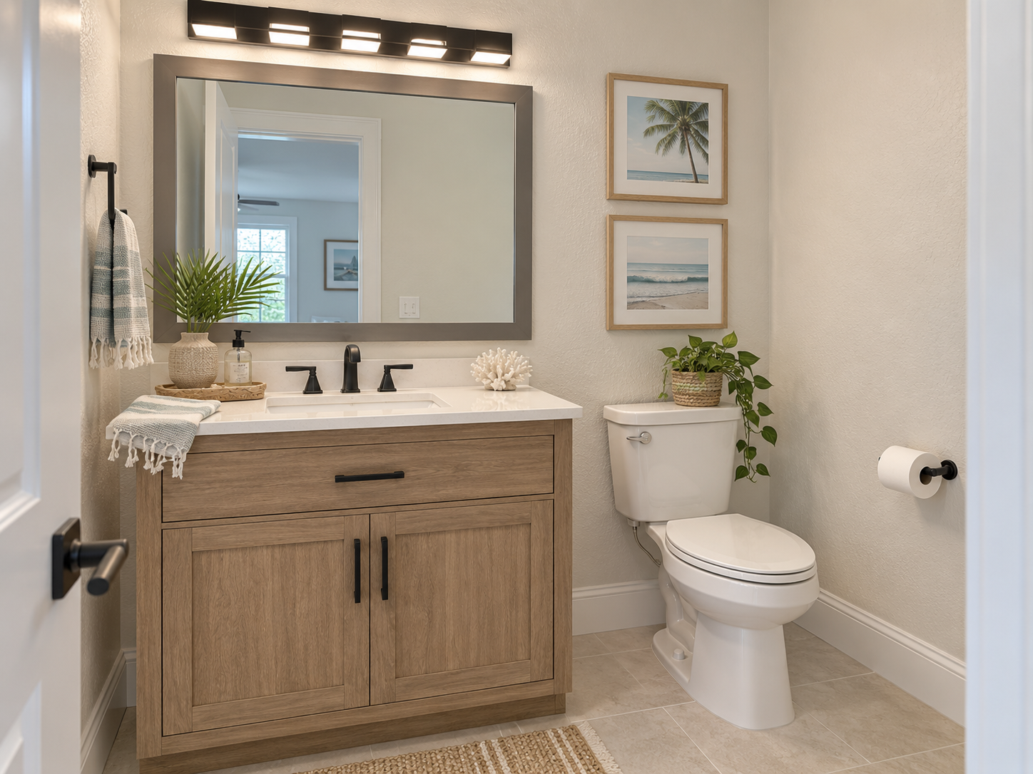 Small powder room with oak vanity, beach prints, and potted palm