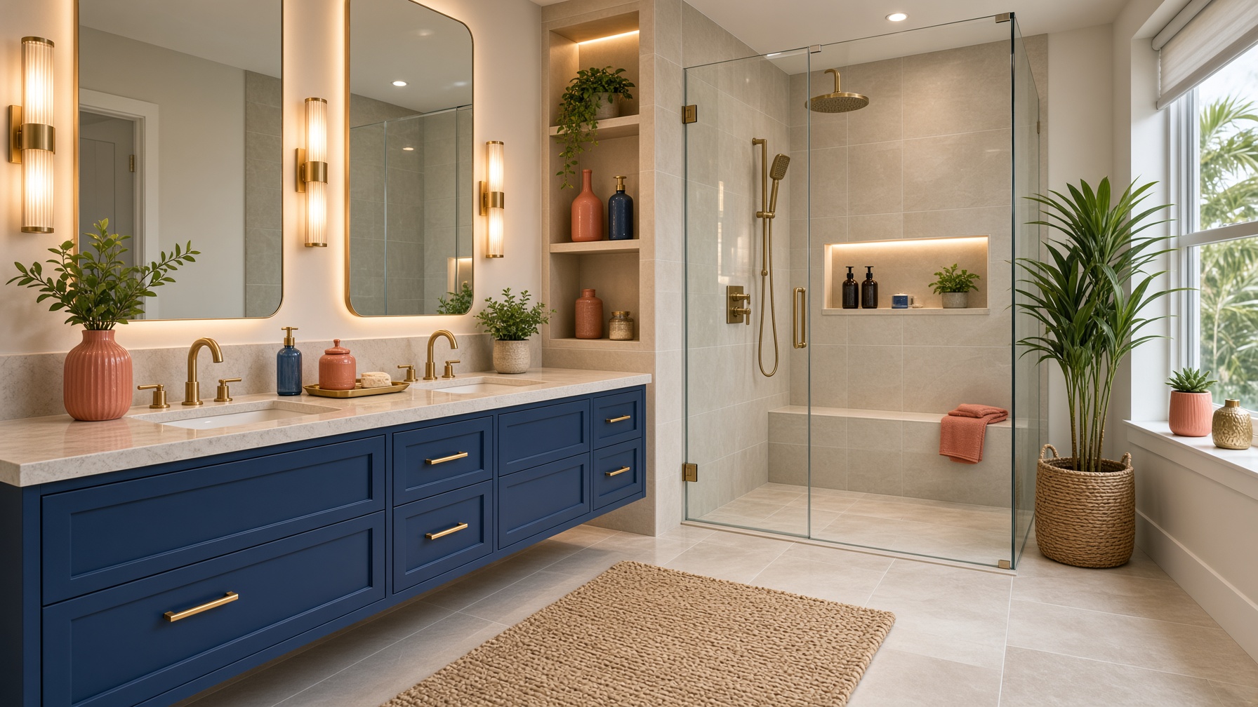 Modern bathroom with navy vanity, open shelving, and terrazzo counters
