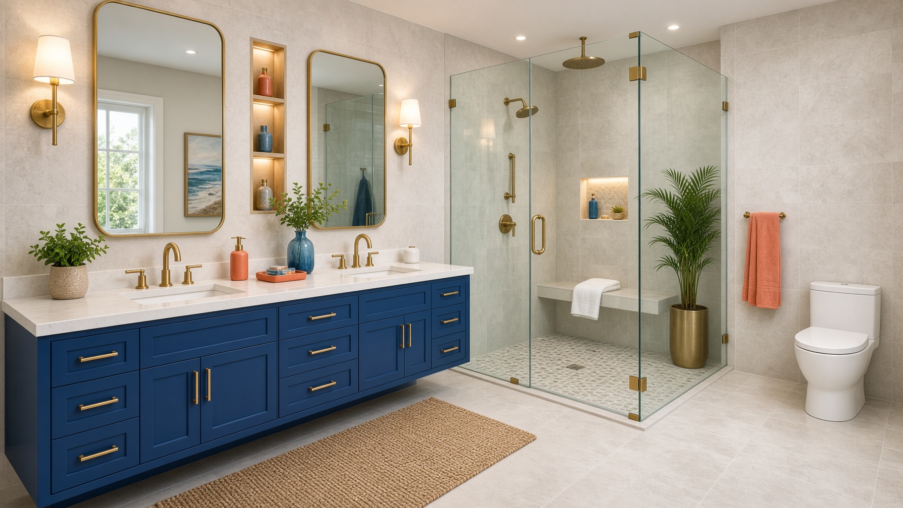 Modern bathroom with cobalt blue vanity and rain shower