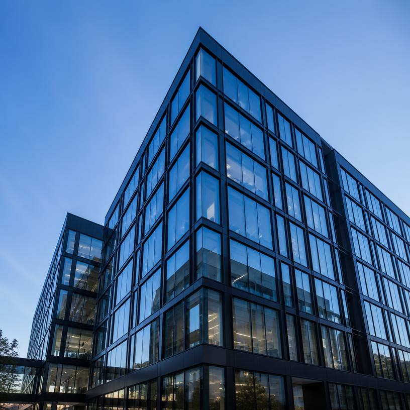 Modern glass office building by JOEH Construction Group