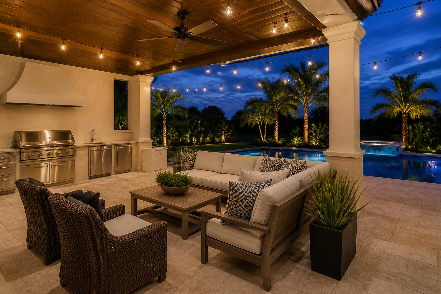 Luxury covered terrace with outdoor kitchen, lounge seating, and warm evening lighting by JOEH Construction Group